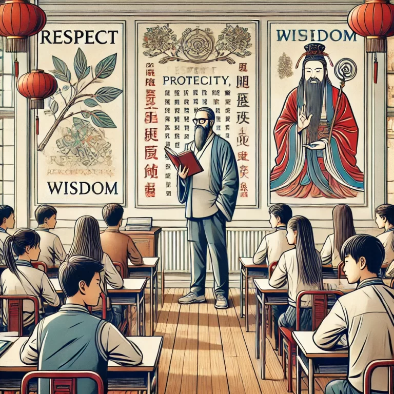 A modern Chinese classroom where students are attentively listening to a teacher, reflecting Confucian values of respect, discipline, and wisdom. The teacher holds a book, and the walls display posters with traditional Confucian principles, creating a harmonious and orderly learning environment.