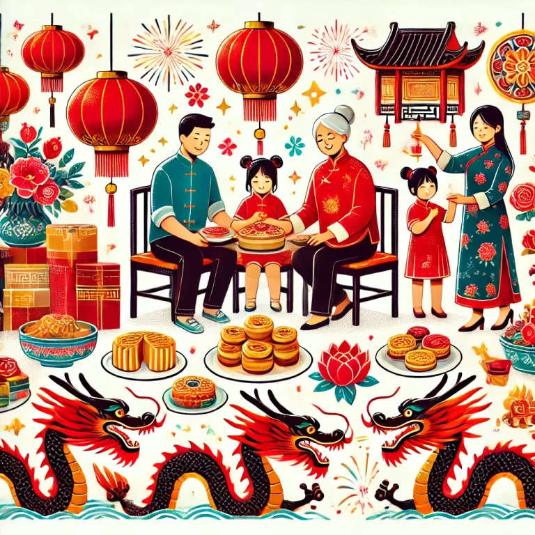 A family celebrating traditional Chinese festivals, including Chinese New Year, Mid-Autumn Festival, and Dragon Boat Festival. The scene shows colorful red lanterns, mooncakes, dragon boats, and family members engaging in festive activities, such as eating together and watching fireworks, representing unity, cultural heritage, and respect for ancestors