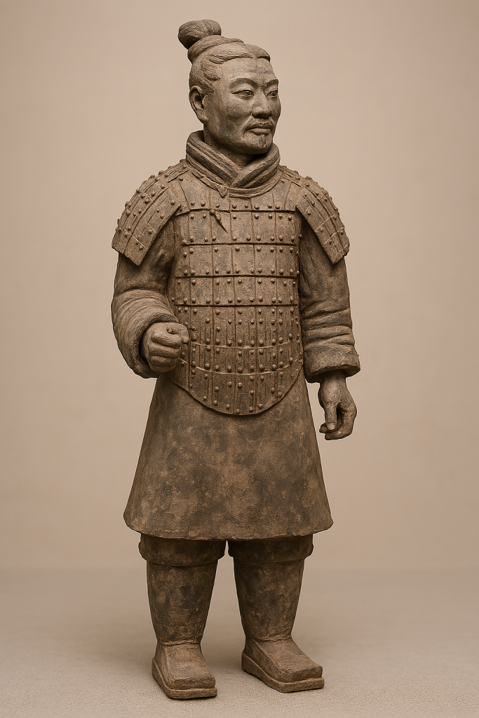 Terracotta Warrior from the Qin Dynasty with detailed armor, symbolizing ancient Chinese unification and military strength.
