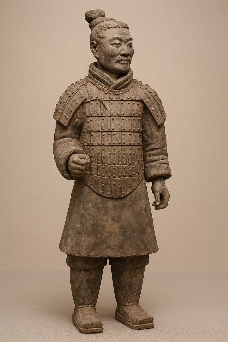 Terracotta Warrior from the Qin Dynasty with detailed armor, symbolizing ancient Chinese unification and military strength.