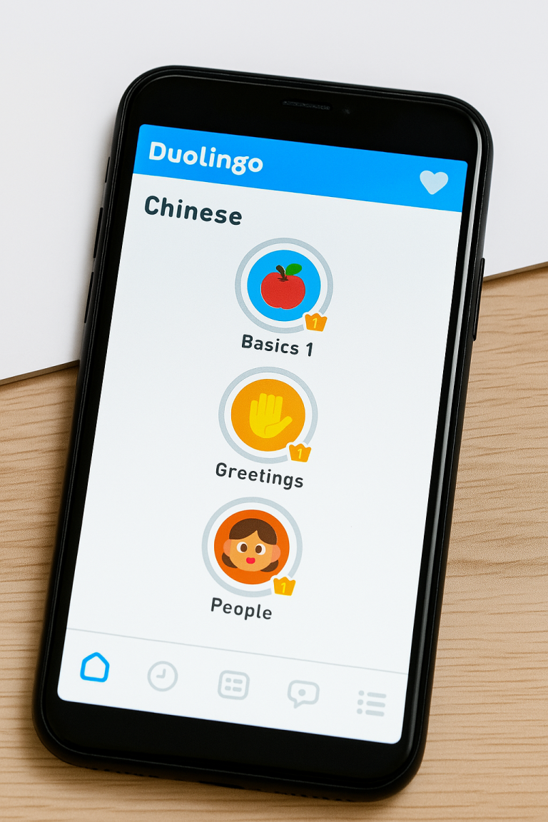 A smartphone displaying Duolingo’s Chinese learning interface with colorful lesson icons for Basics, Greetings, and People.