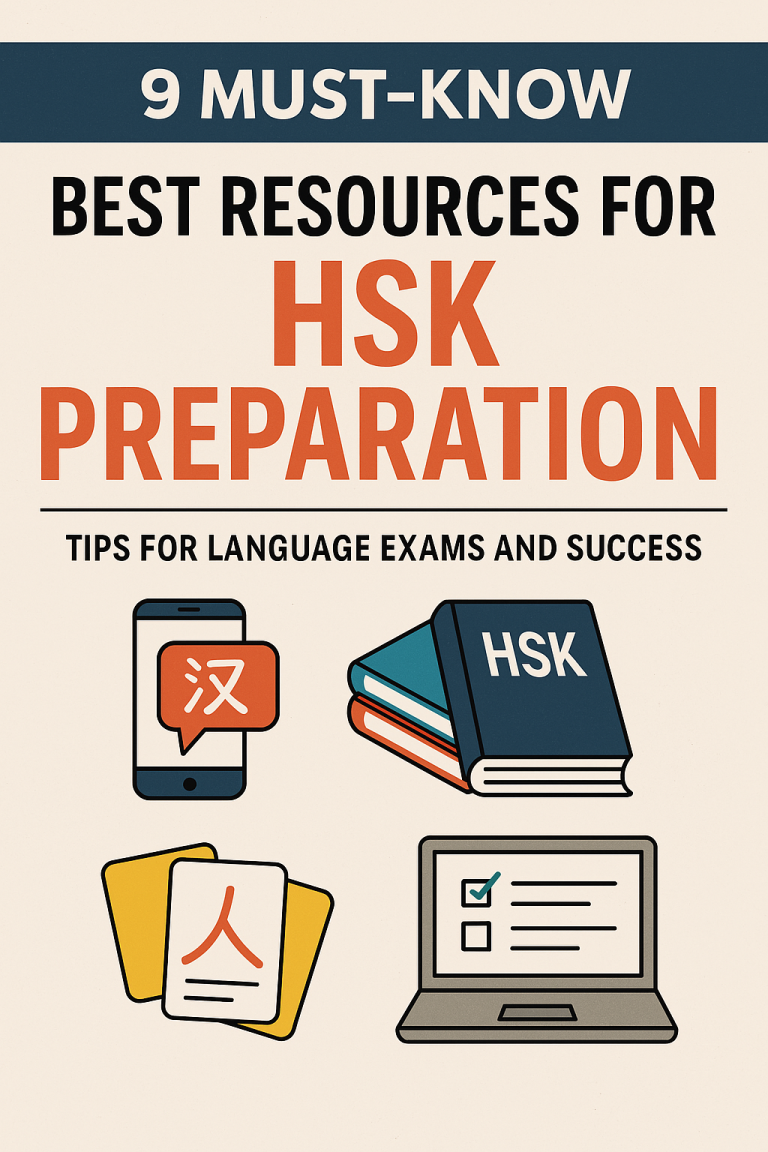 Illustration showing HSK preparation tools including textbooks, flashcards, a mobile learning app, and study planner with the HSK logo.