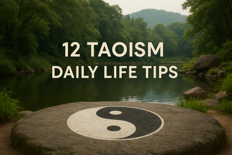 A serene nature scene with a large stone featuring the yin-yang symbol, representing Taoist balance and harmony in daily life.