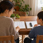 AI illustration of a parent and child at a home study table with separate notebooks for writing practice and a small voice recorder for speaking practice.