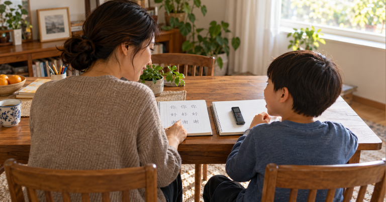 AI illustration of a parent and child at a home study table with separate notebooks for writing practice and a small voice recorder for speaking practice.
