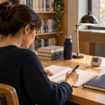 AI illustration of an adult learner writing in a notebook beside a plain workbook and a small timer in a study room.