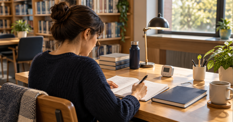 AI illustration of an adult learner writing in a notebook beside a plain workbook and a small timer in a study room.