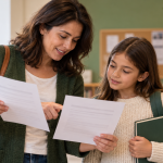 An adult and child compare two generic printed sheets beside library shelves; the child holds a closed book.