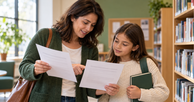An adult and child compare two generic printed sheets beside library shelves; the child holds a closed book.