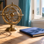 A brass armillary sphere beside a blue notebook and ceramic cup in window sunlight