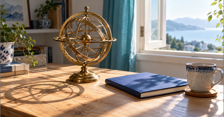 A brass armillary sphere beside a blue notebook and ceramic cup in window sunlight
