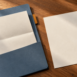 A plain folded sheet in a slate-blue folder beside a blank note sheet and pencil on a wooden desk.