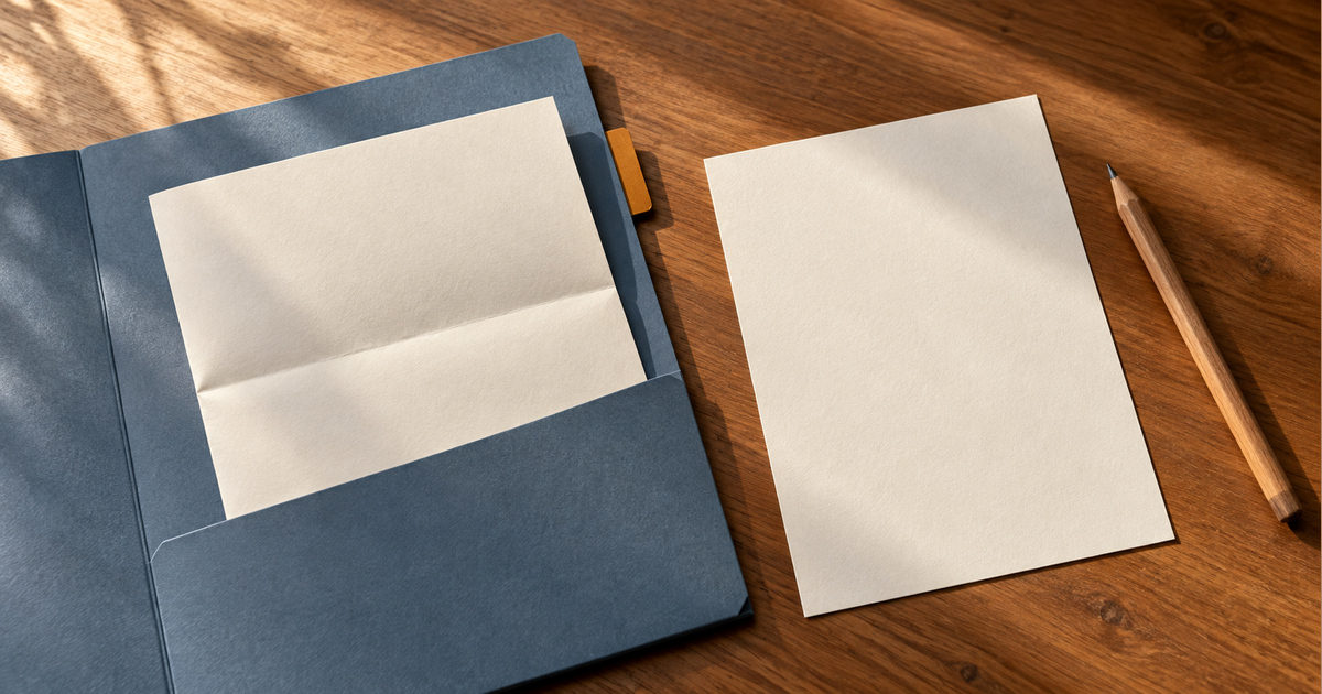 A plain folded sheet in a slate-blue folder beside a blank note sheet and pencil on a wooden desk.