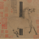 Historical Chinese horse painting surrounded by calligraphy and red seal impressions
