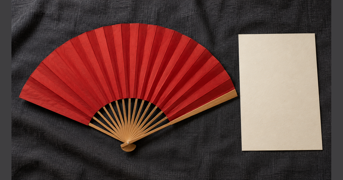 Conceptual scene with an open plain scarlet folding fan on charcoal cloth beside a separate blank cream rectangular board